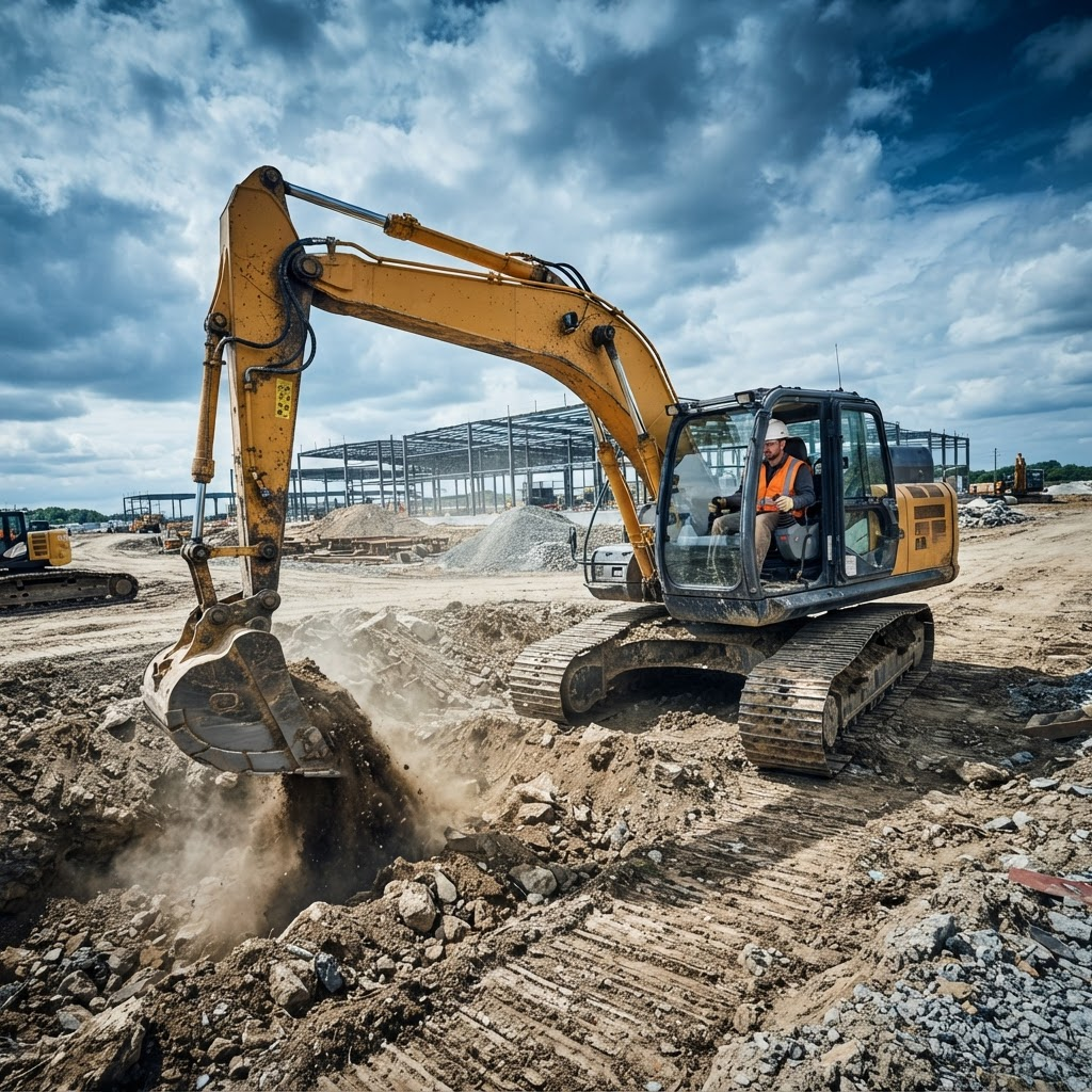 A skilled heavy-equipment operator running an excavator on an active job site